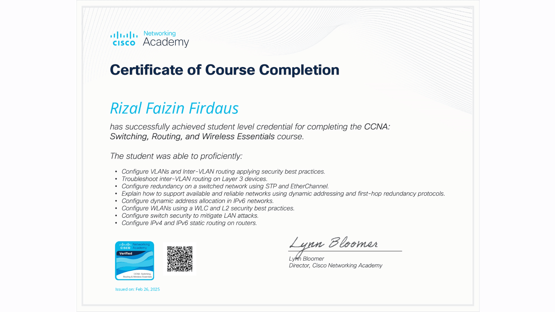 CCNA - Switching, Routing, and Wireless Essentials - Menyelesaikan CCNA: Switching, Routing, and Wireless Essentials dari Cisco Networking Academy. (2023-2025)