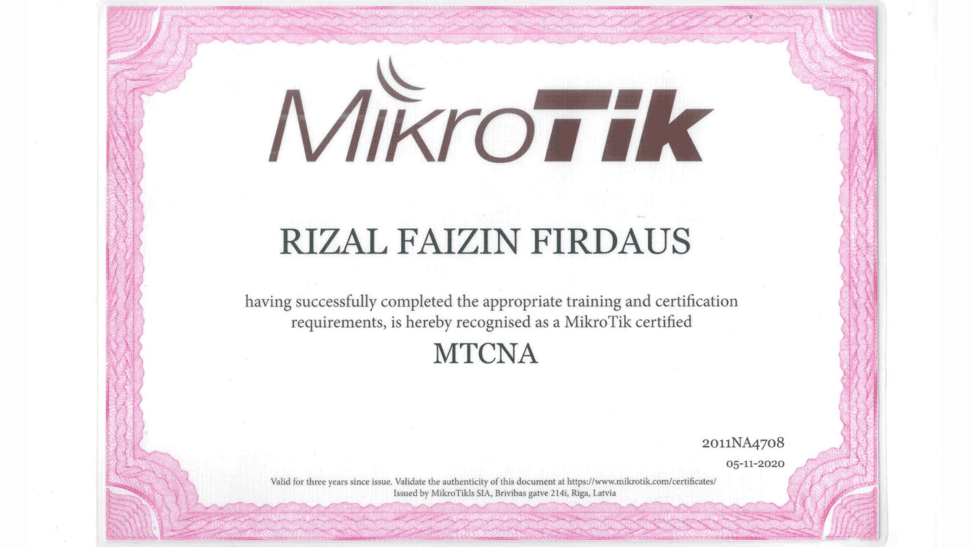 MTCNA - MikroTik Certified - Mendapatkan sertifikasi MikroTik Certified Network Associate (MTCNA) untuk keahlian dalam konfigurasi dan manajemen jaringan menggunakan MikroTik RouterOS. (2020)